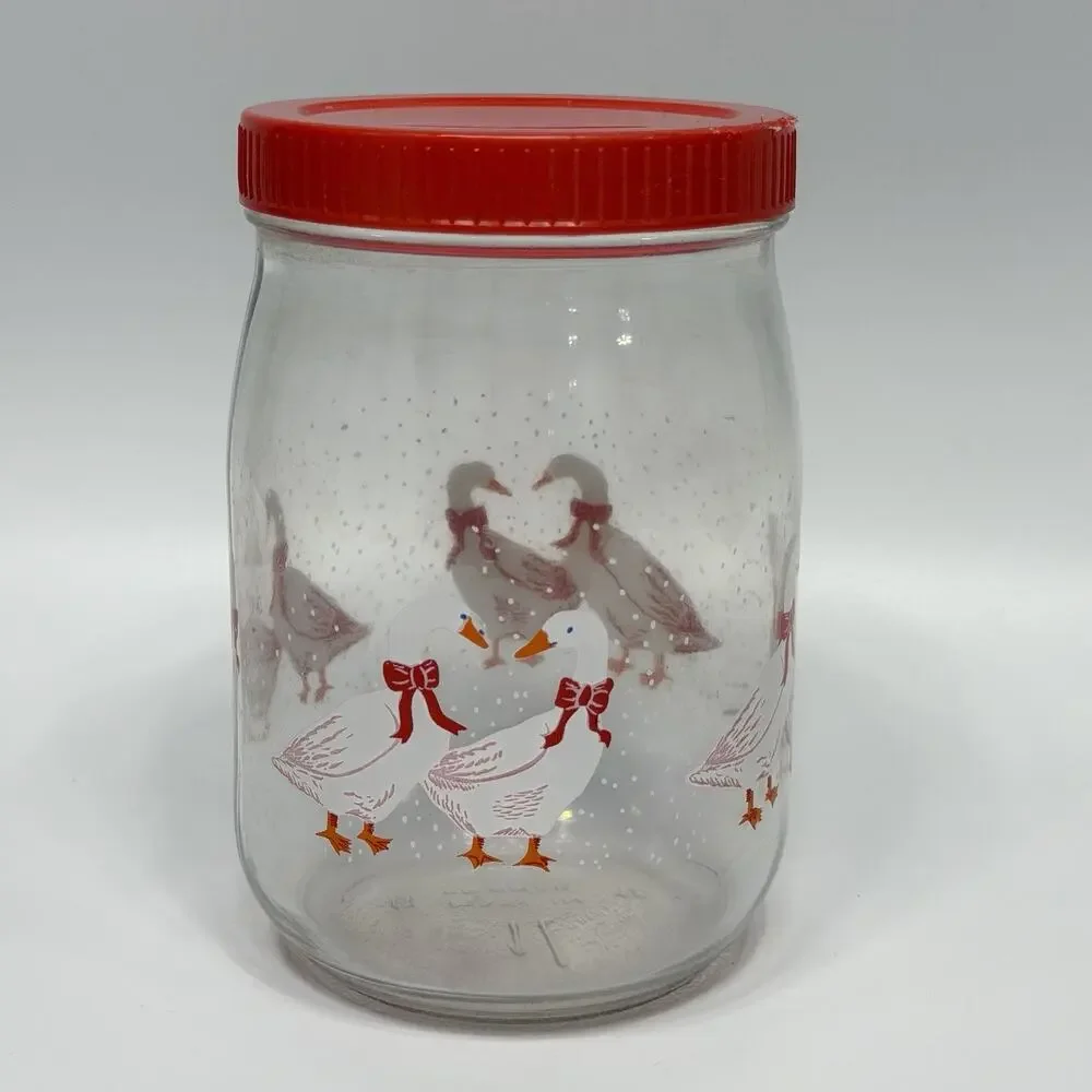Vtg Country Goose Glass Canister Jar Red Christmas Farmhouse Kitchen Cottage 6.5